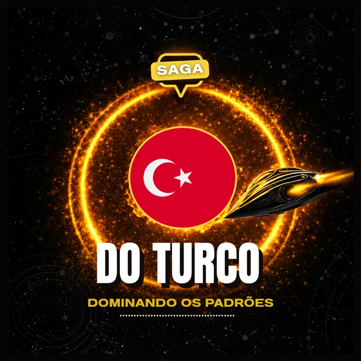 Arte da Saga do Turco: um portal dourado com a bandeira da Turquia e a frase Dominando os Padrões.