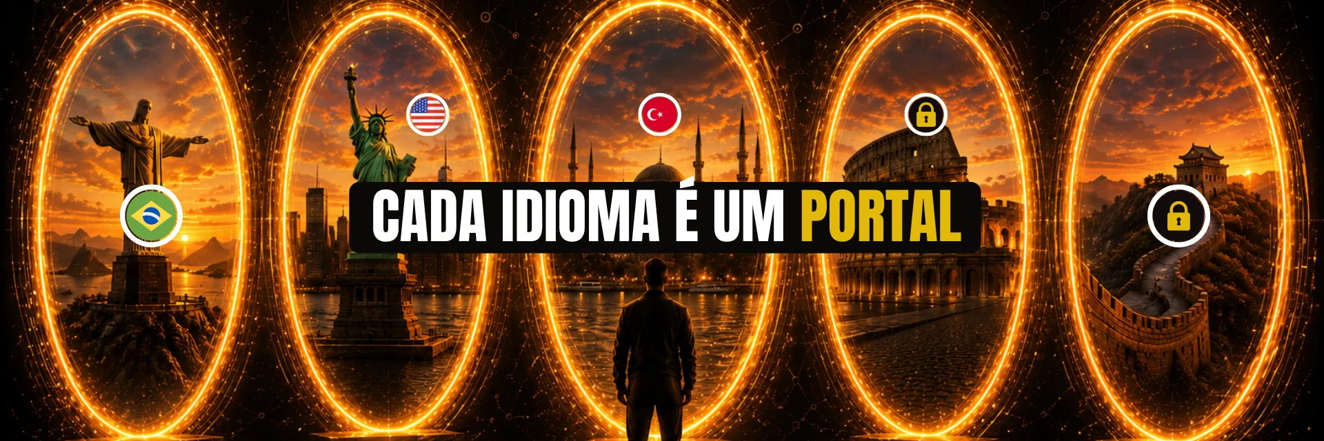 Explorador diante de portais para diferentes culturas. Na arte: Cada idioma é um portal.