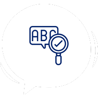 Balão de fala com as letras “ABC” escritas e uma lupa sobre o balão, a ideia é representar o uso equilibrado da gramática inglesa durante as aulas.