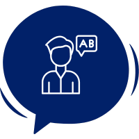 Um homem tem ao lado direito um balão de fala com as letras “AB” escritas, a ideia é representar o aprendizado de estruturas e frases básicas do idioma inglês.