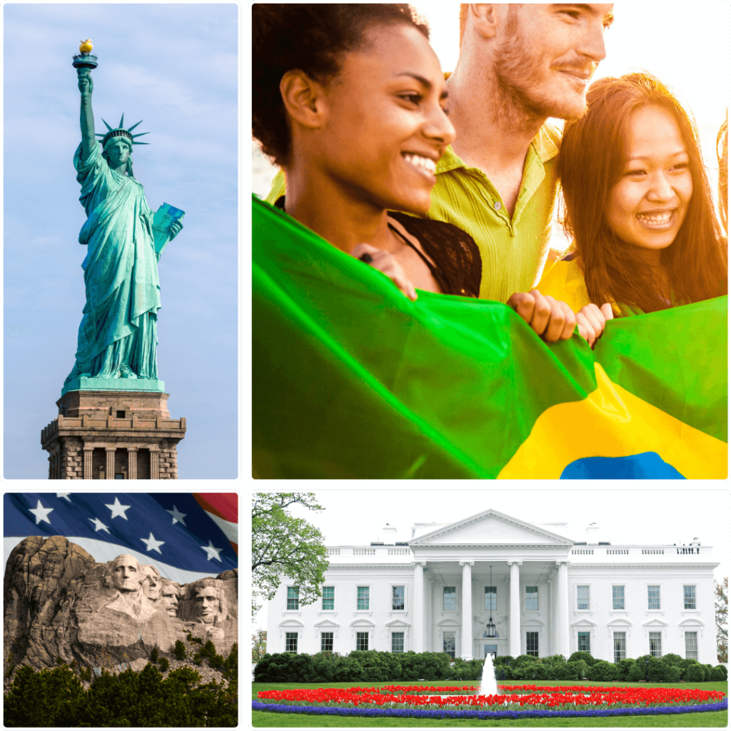 Imagem no formato de grade mostra brasileiros segurando a bandeira do Brasil e outras imagens relacionadas aos Estados Unidos, como a Estátua da Liberdade, Casa Branca e Monte Rushmore.