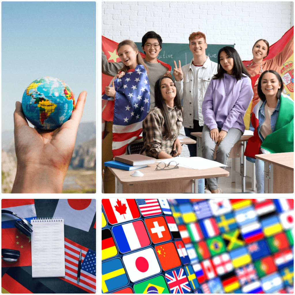 Imagem no formato de grade mostra estudantes em uma sala de aula, eles estão segurando bandeiras referentes aos países dos idiomas que eles aprendem. Também há outras imagens relacionadas como uma mão segurando um globo terrestre e bandeiras de vários países.