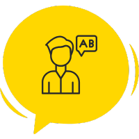 Um homem tem ao lado direito um balão de fala com as letras “AB” escritas, a ideia é representar o aprendizado de estruturas e frases básicas de qualquer idioma.