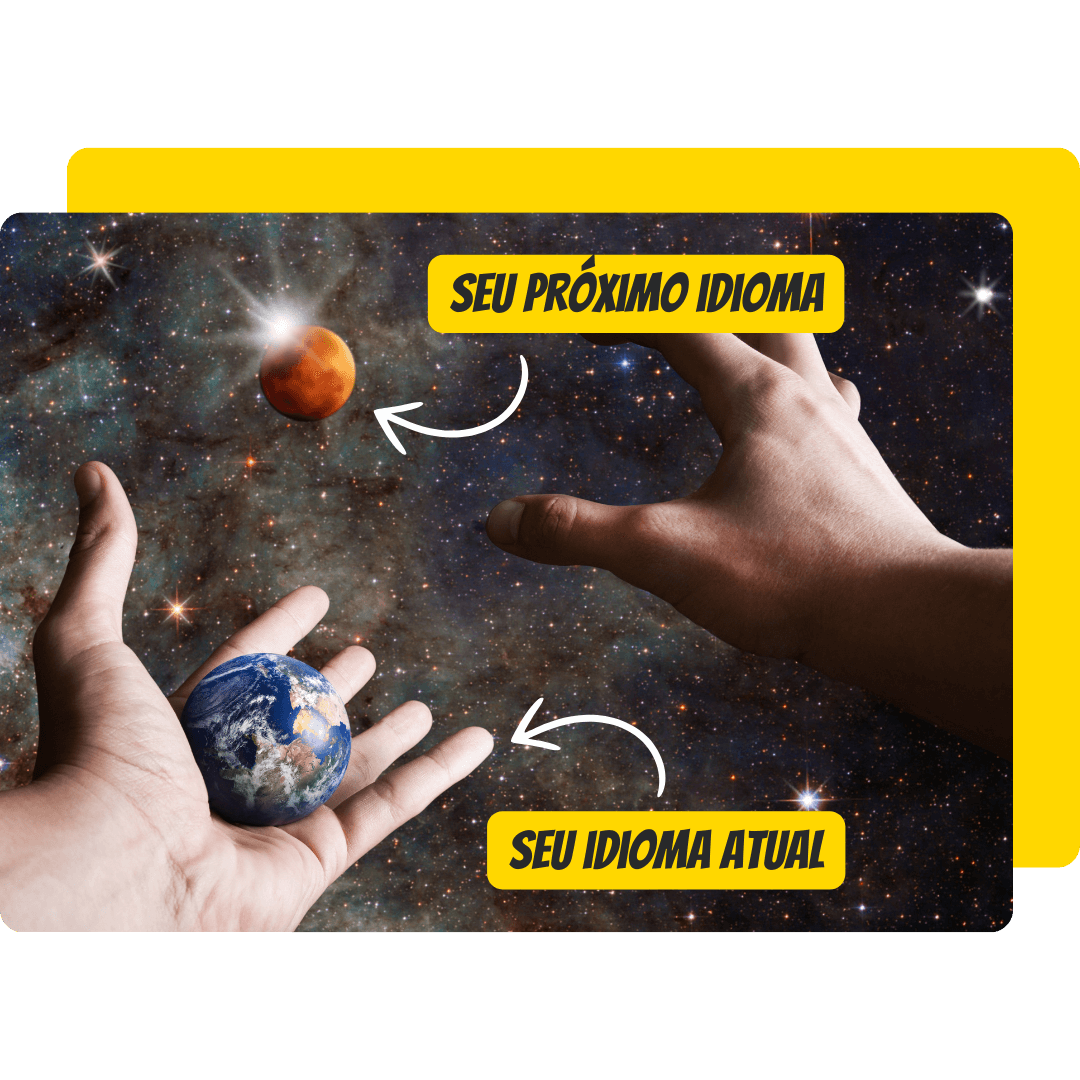 Um par de mãos está no espaço, a mão esquerda segura o planeta Terra e a mão direita está se direcionando para pegar um planeta na cor vermelha. Está escrito “Seu idioma atual” com uma seta apontando para o planeta Terra e também “Seu próximo idioma” com uma seta apontando para o planeta vermelho.